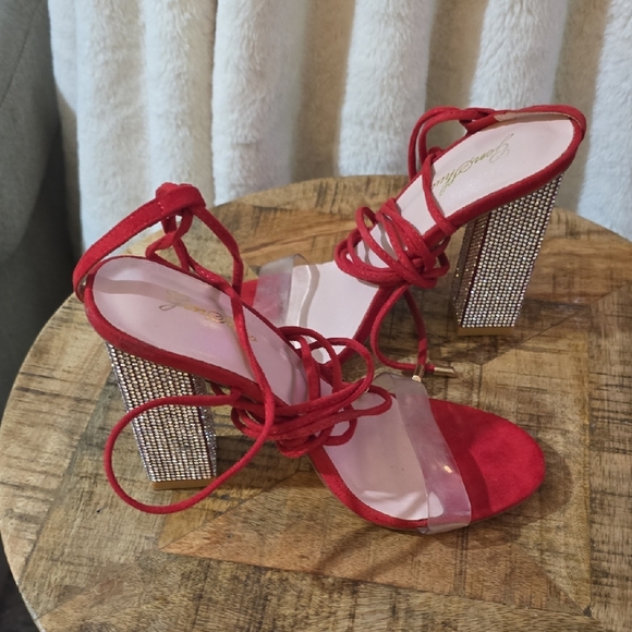 Glamorous Red Strappy Heels with Rhinestone Block Heel - Picture 1 of 3
